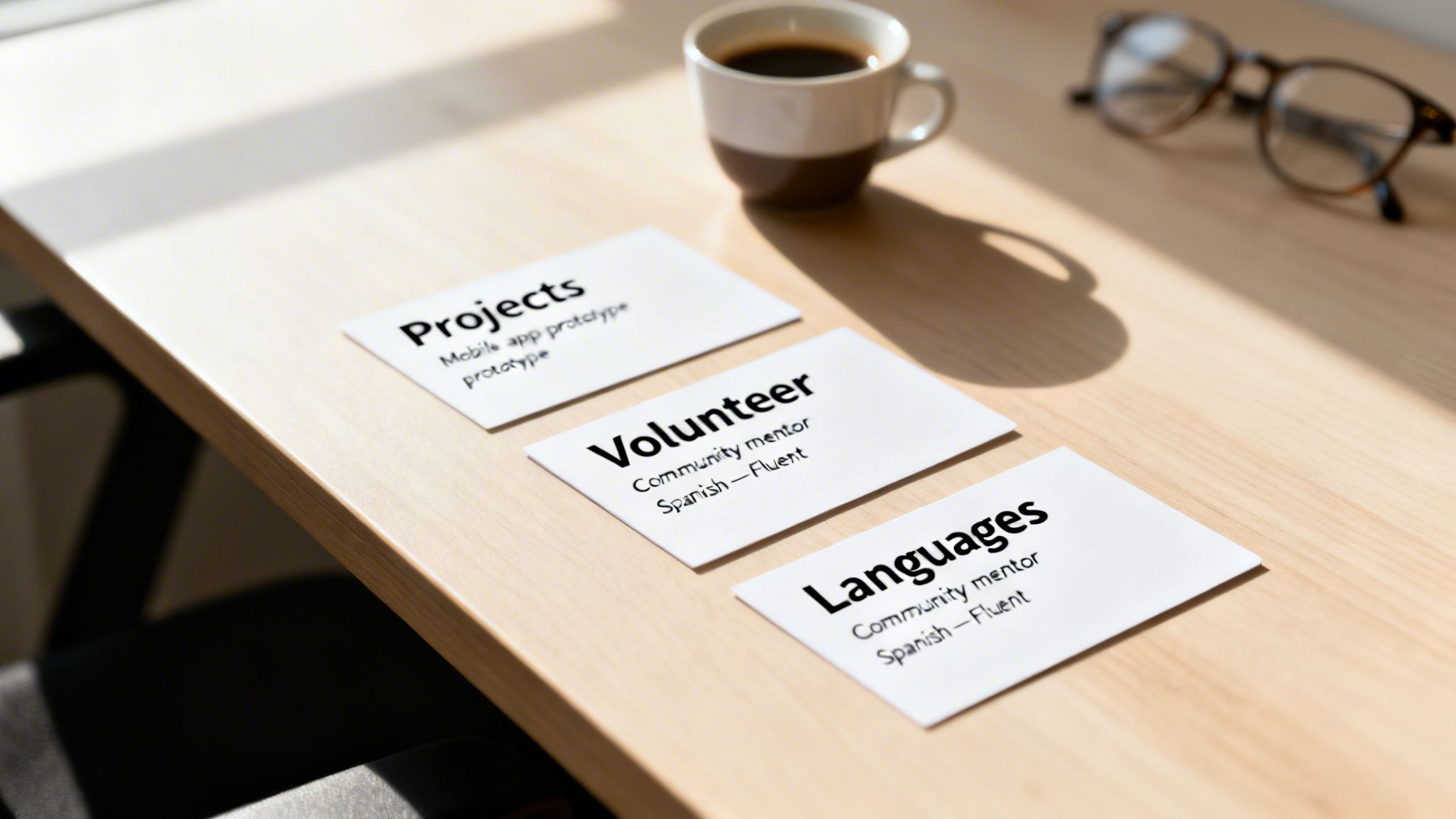 Three white cards titled 'Projects', 'Volunteer', and 'Languages' laid out on a wooden desk.