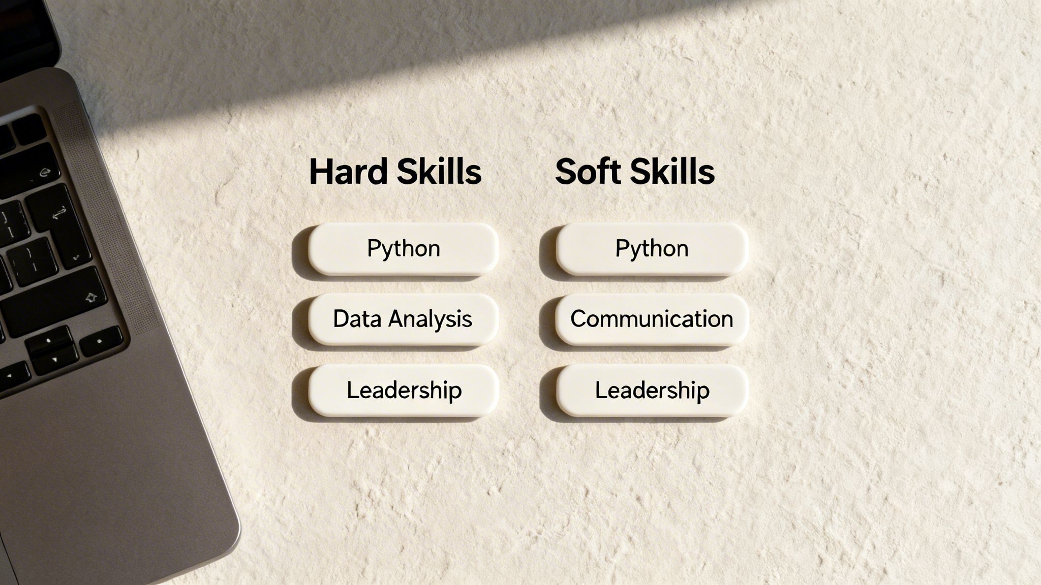 A visual comparison of hard skills like Python and data analysis with soft skills such as communication and leadership.
