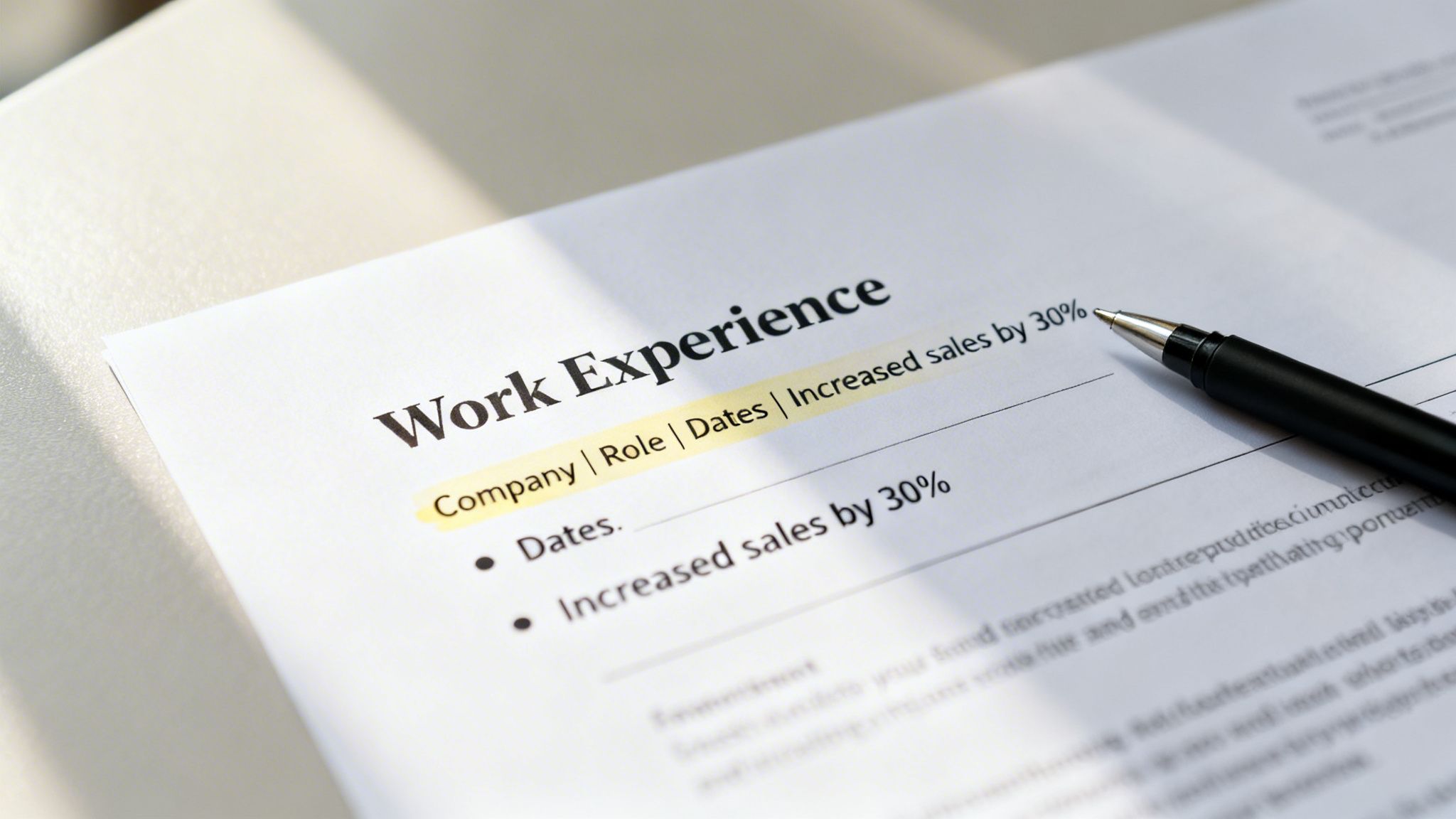 Close-up of a resume document highlighting work experience, achievements, and sales increase with a pen.
