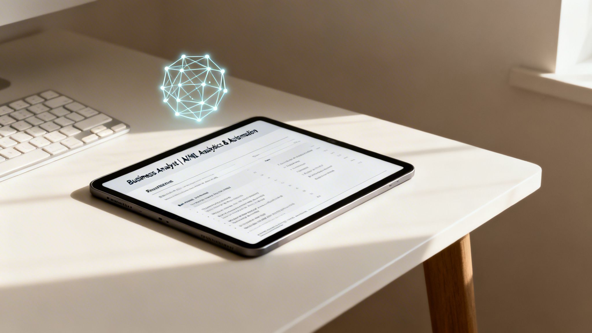 A tablet displaying a resume title for a Business Analyst in AI/ML Analytics and Automation, with a glowing network graphic above.