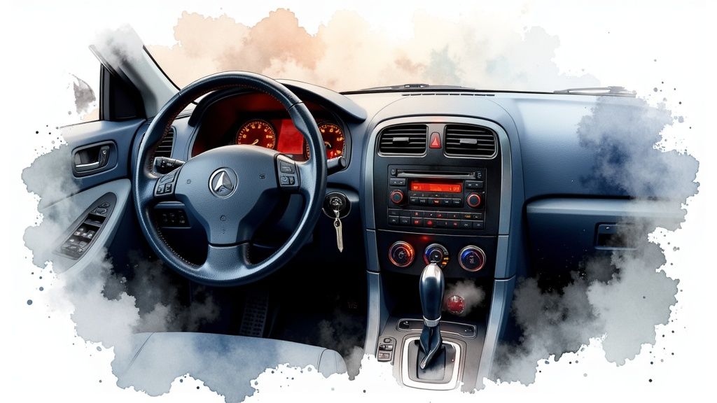 A frustrated driver looking at a non-starting car's dashboard with an immobiliser light on.