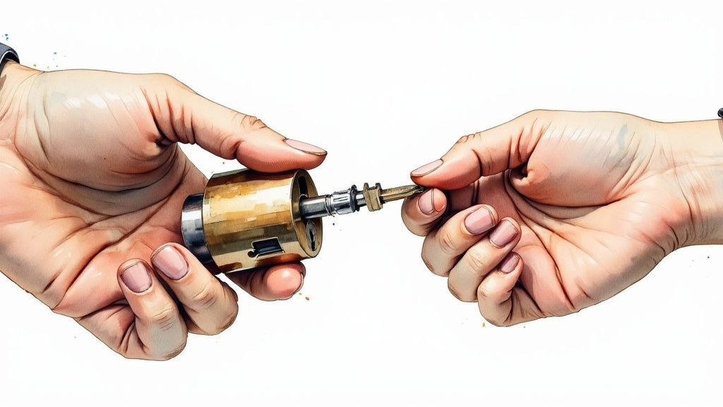 Watercolor illustration of hands extracting a broken key from a brass lock cylinder.