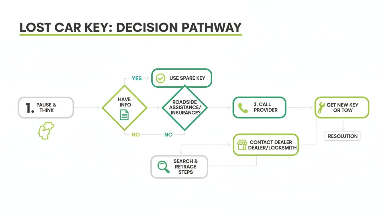 Decision pathway flowchart outlines steps for a lost car key, including using a spare or contacting assistance.