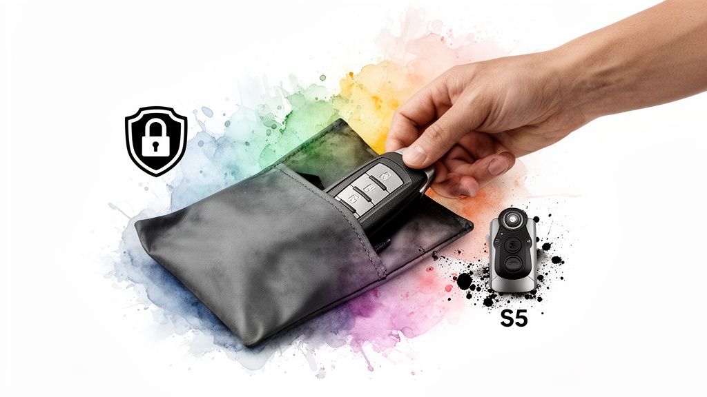 Hand putting a car key fob into a signal-blocking pouch, with a security shield and an S5 device.