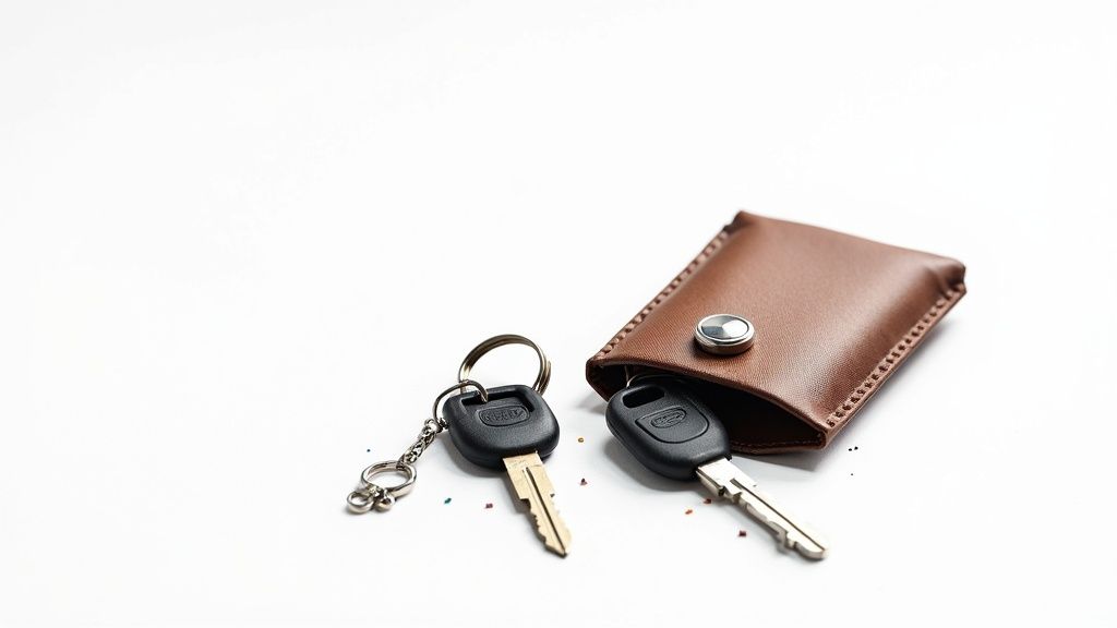 A close-up of two car keys, one partially placed inside a brown leather key pouch.