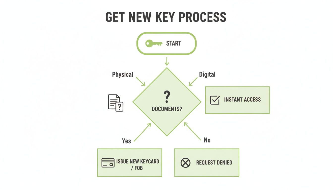 Flowchart illustrating the 'Get New Key Process' for physical or digital keys, including document checks.