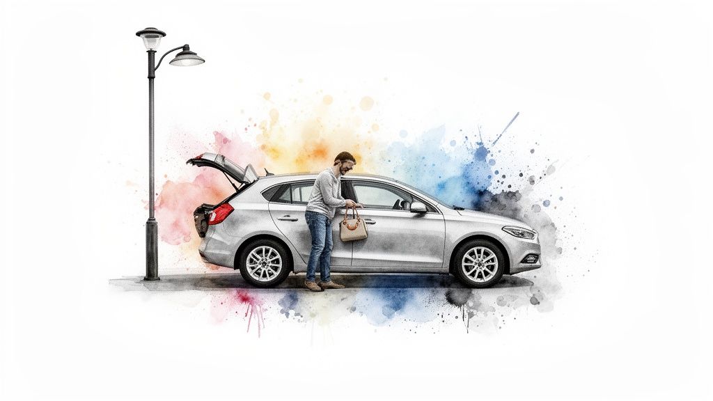 Man loading a beige bag into the open trunk of a silver hatchback car next to a street lamp.