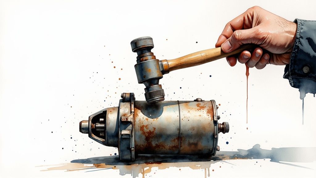 A mechanic inspecting a car's starter motor.