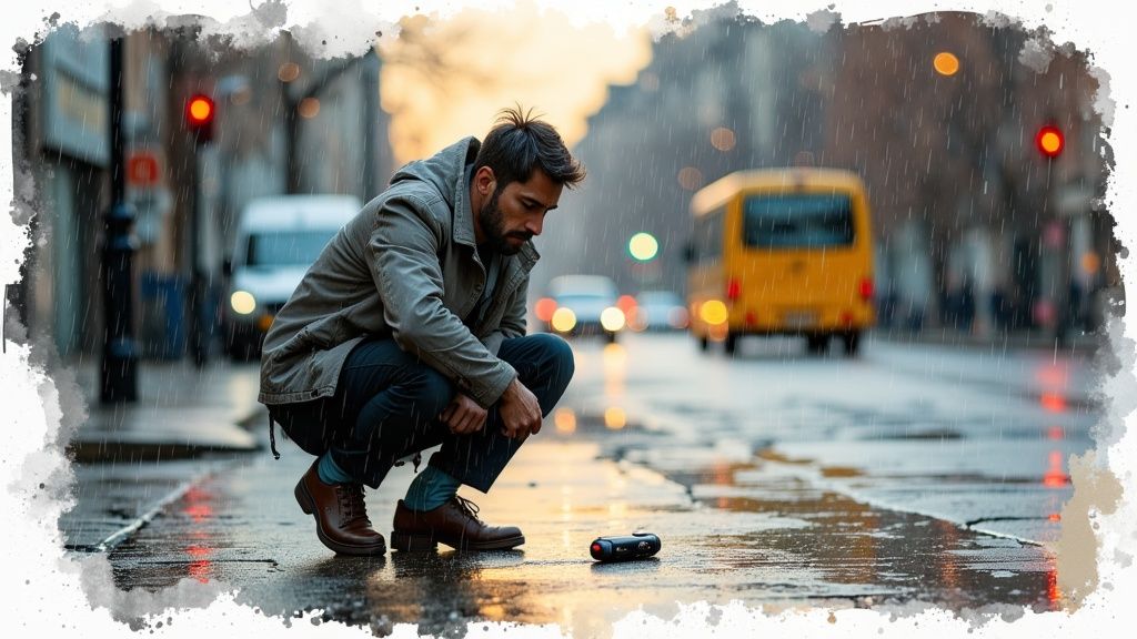 A modern car key with advanced features resting on a wooden surface
