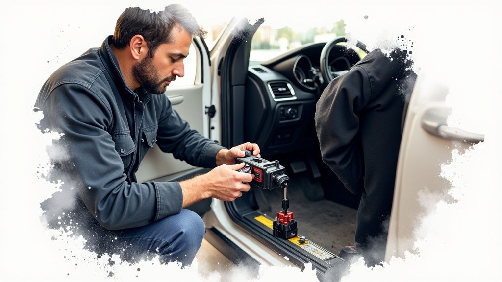 A professional technician programming a new car key next to a vehicle