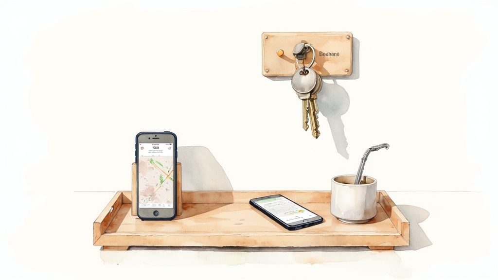Watercolor illustration of a minimalist entryway setup with a wooden tray, two phones, a mug, and keys.