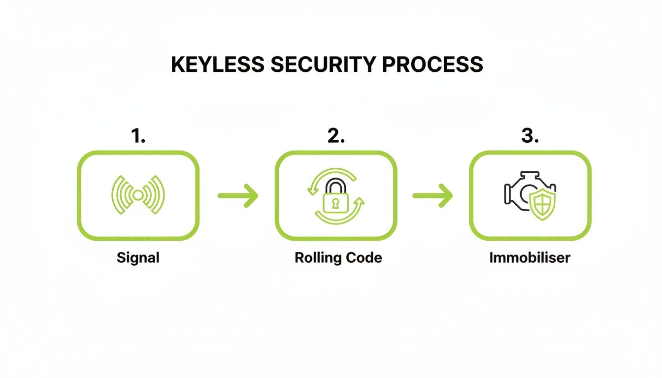 Diagram illustrating the keyless security process, detailing steps from signal, rolling code, to immobiliser activation.