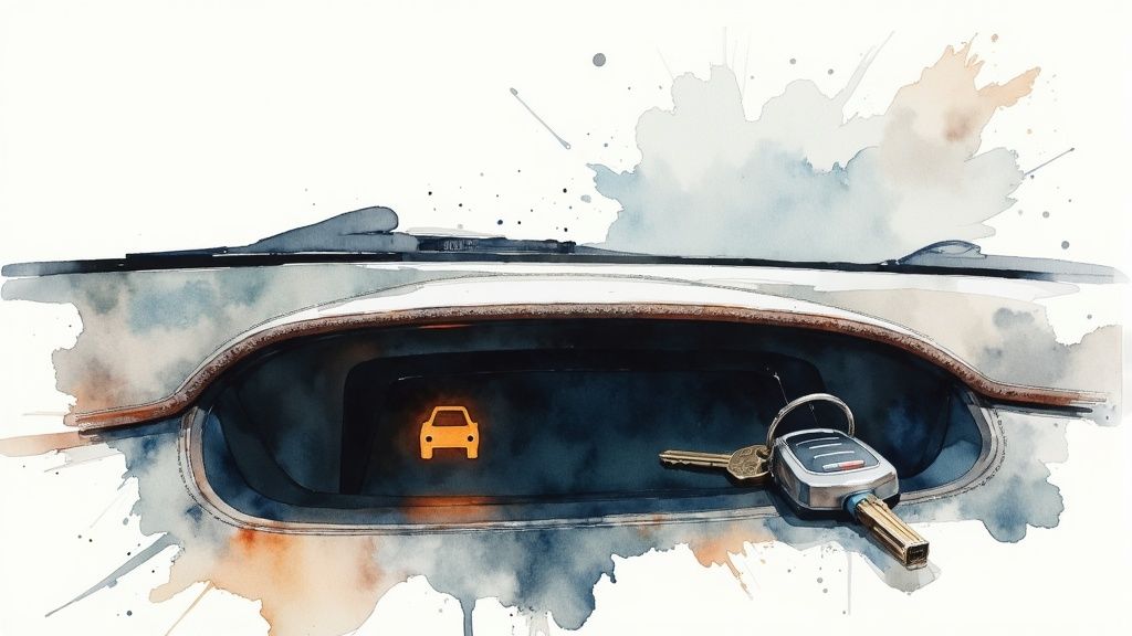 A close-up of a car key with a transponder chip next to an ignition slot, illustrating the immobiliser concept.