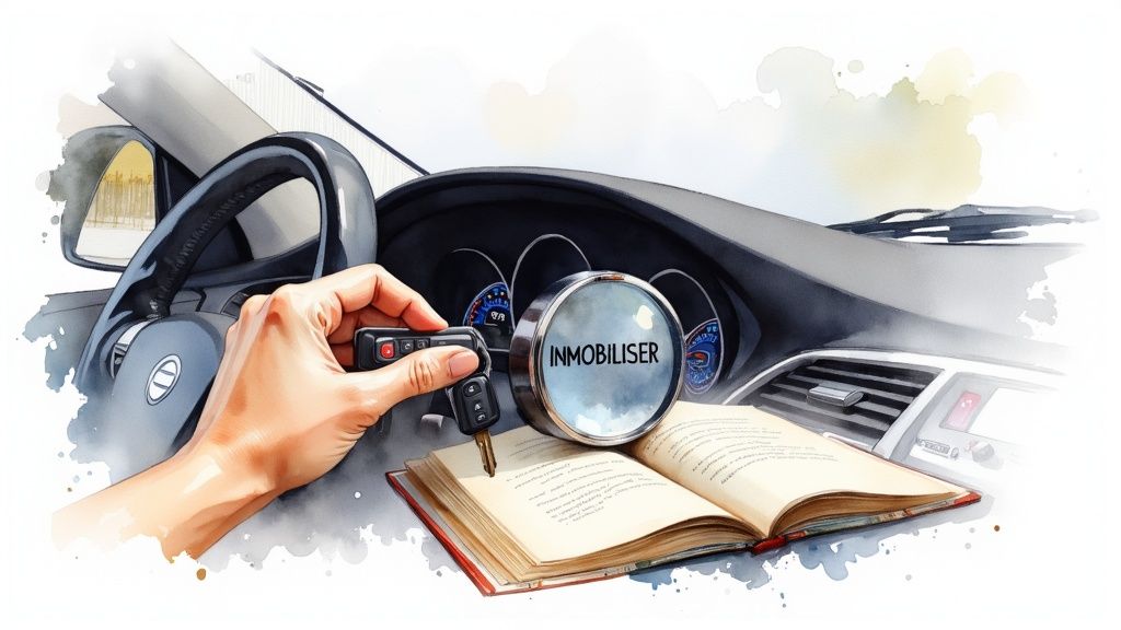 A dashboard with a glowing car and key symbol, indicating an active immobiliser system.