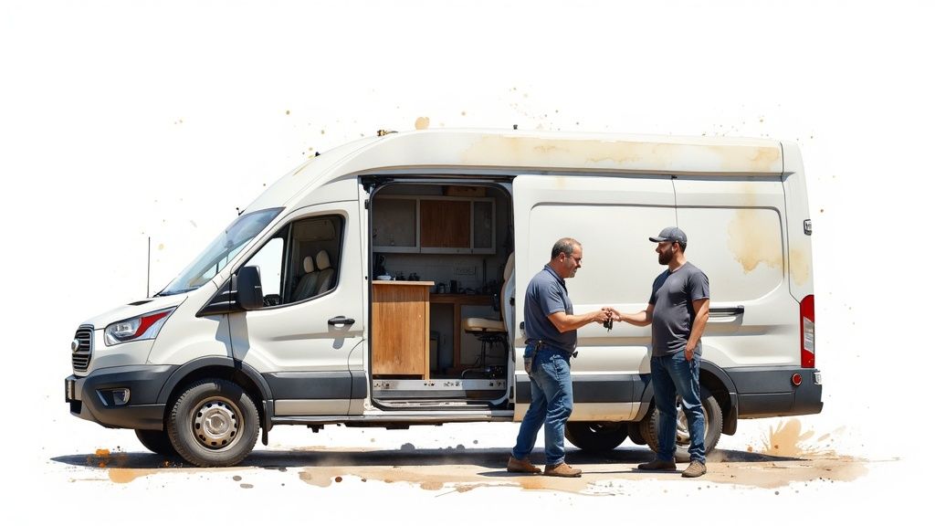 Two men shake hands, exchanging keys next to a white work van with its side door open.