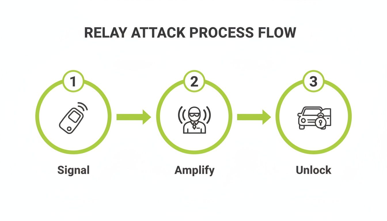 Diagram illustrating the three-step relay attack process to unlock a keyless entry car.