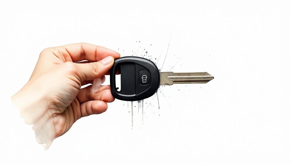 A hand holds a modern black car key with a house icon against a white background with ink splatters.