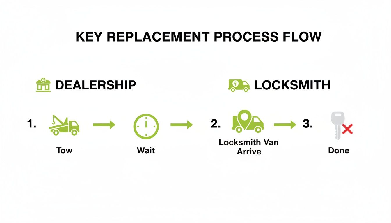 Flowchart illustrating the key replacement process comparison between a dealership and a locksmith service.