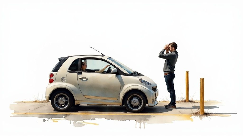 A woman in a white Smart car looks on as a man shields his eyes, searching ahead.