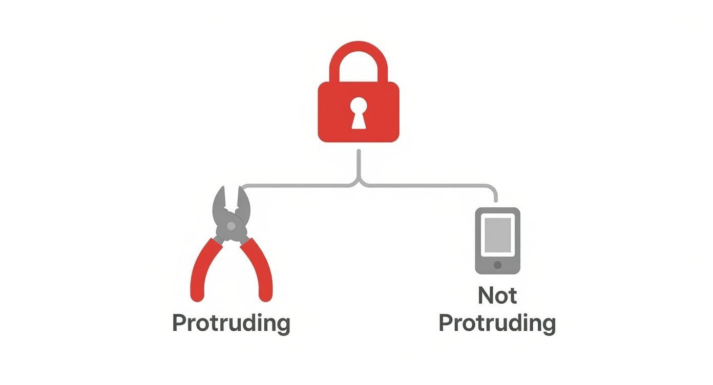 Illustration contrasting tools for extracting protruding versus non-protruding items from a lock.