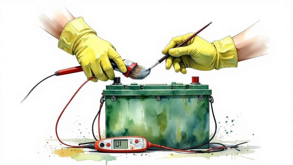 A person checking a car battery with a multimeter.