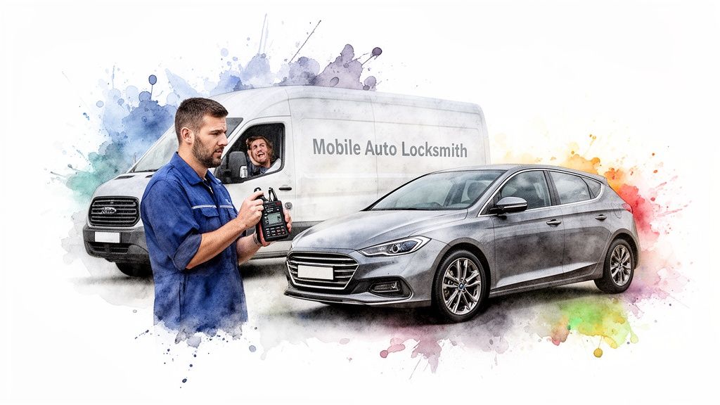 A mobile auto locksmith programs a car key with a device next to his van and a grey car.