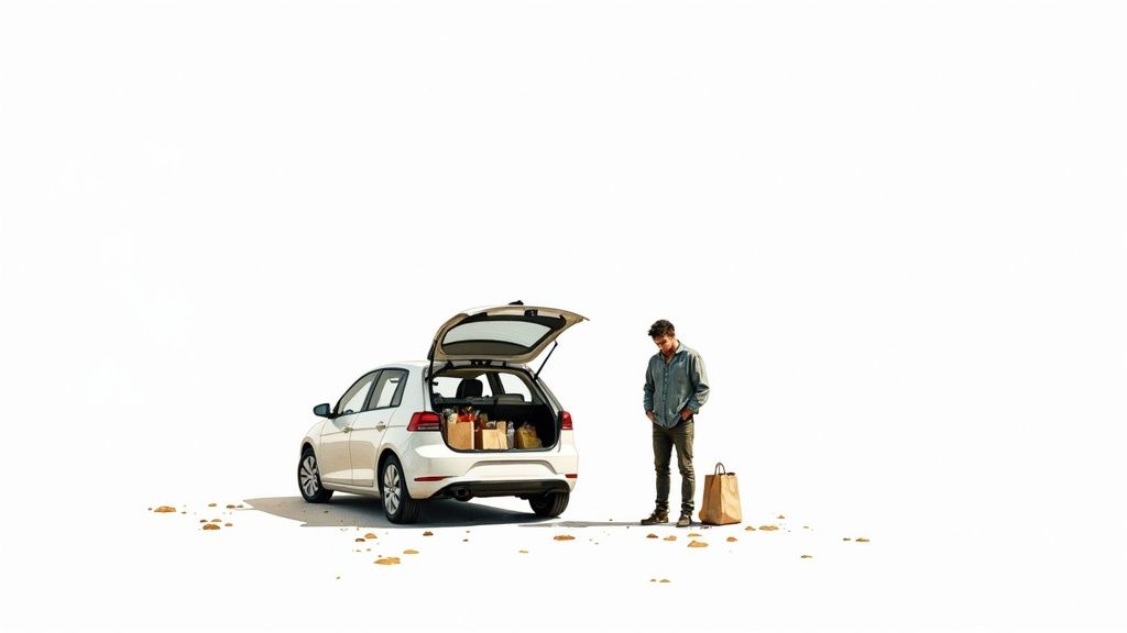 A man with grocery bags by an open car trunk on a minimalist white background.