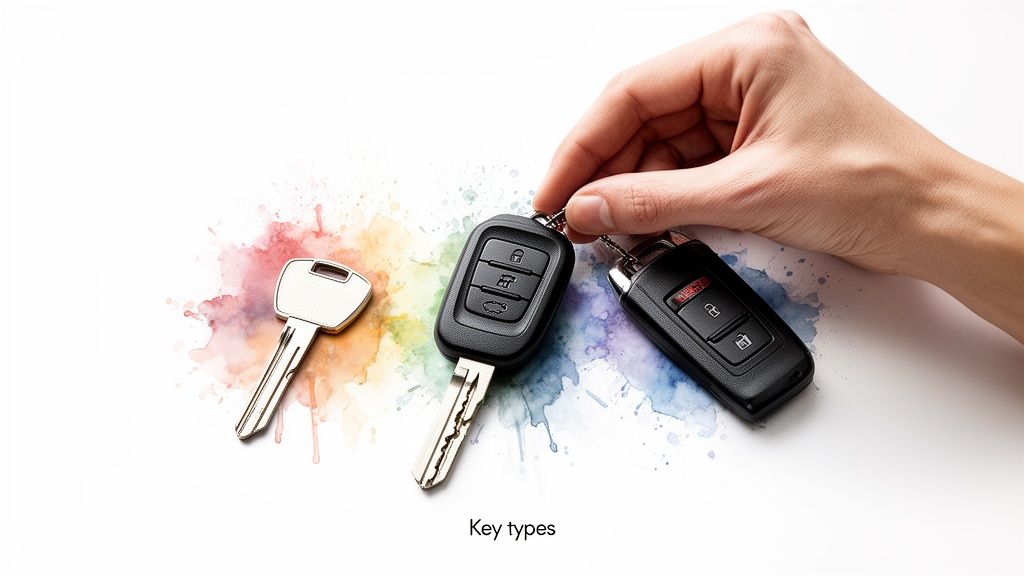 A hand holds two modern car remote keys next to a traditional key on a colorful watercolor background.