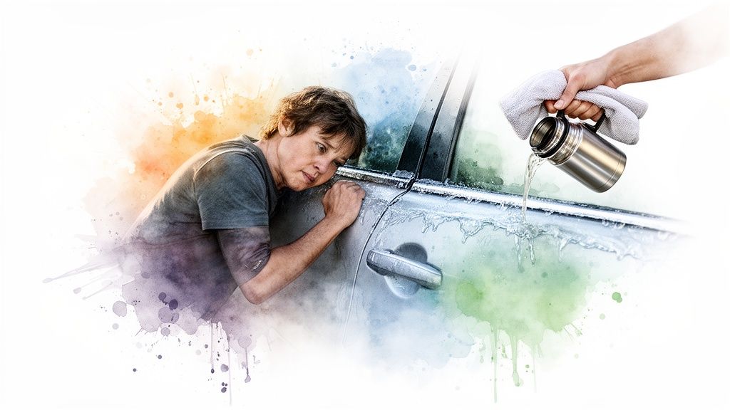 A worried person looking at a car door covered in ice, as warm water is poured to melt it.