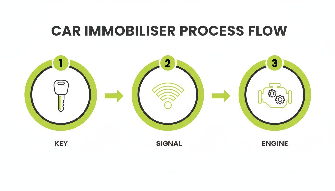 A flow chart illustrating the three-step process of a car immobiliser, from key to signal to engine activation.