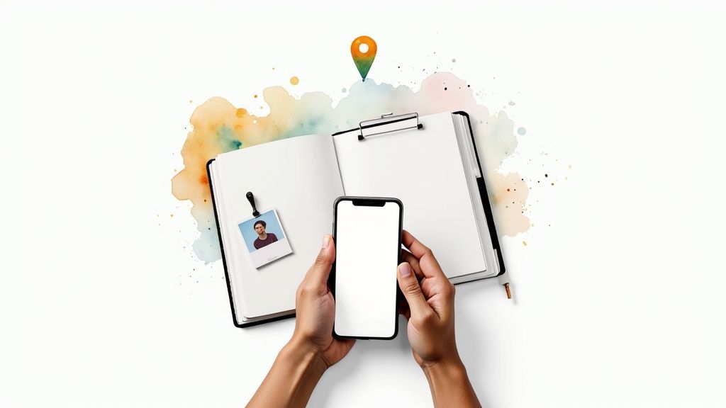 Hands hold a smartphone over an open journal, next to a photo and a map pin icon.