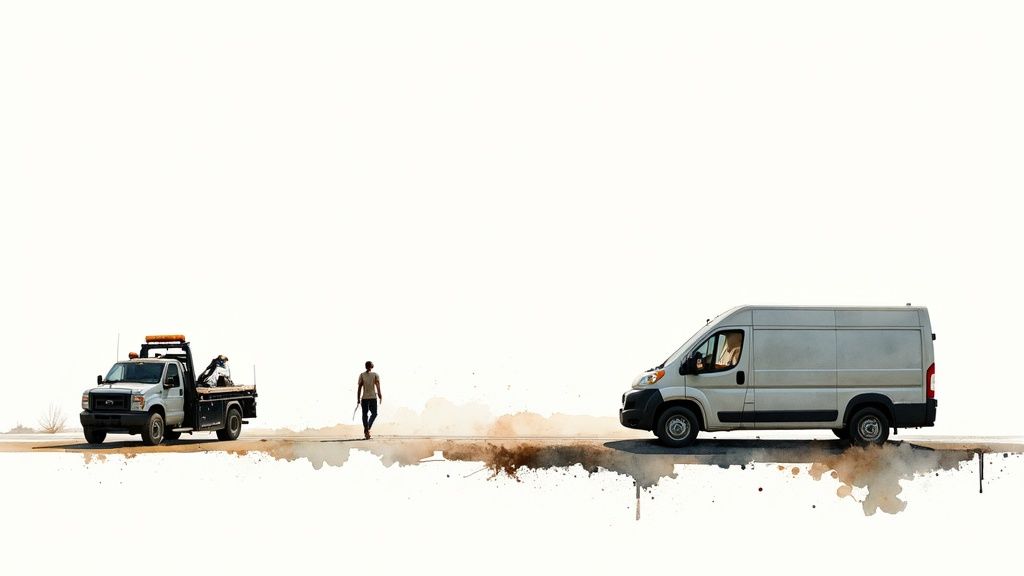 A tow truck, a person walking, and a white delivery van on a light, artistic background.