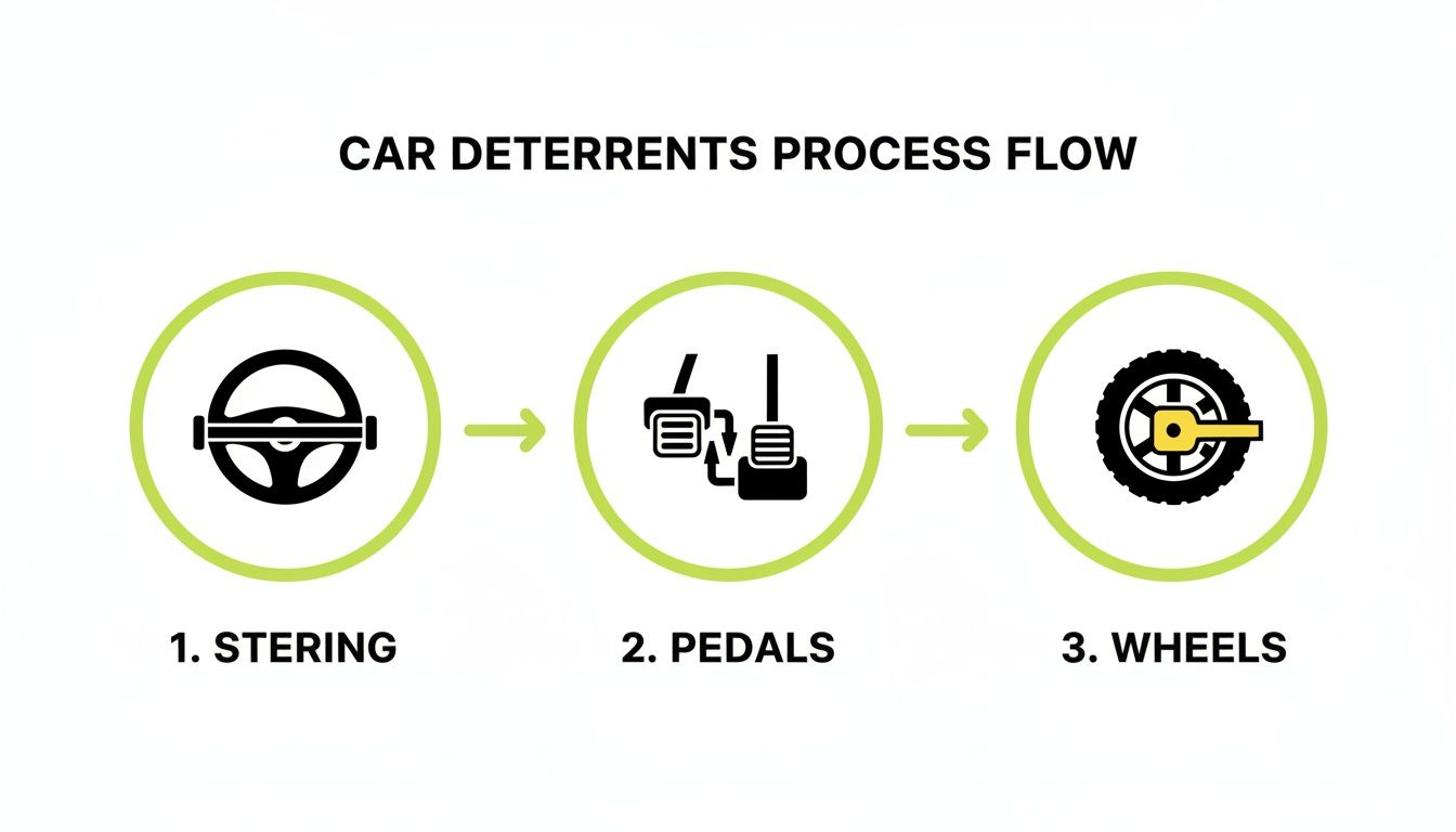 A process flow diagram showcasing car deterrents: steering wheel lock, pedal lock, and wheel clamp.