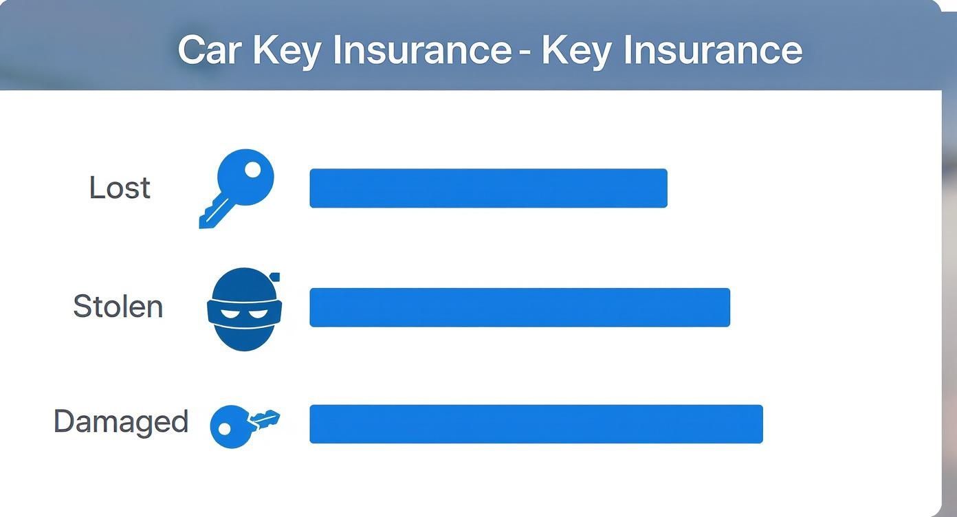 Infographic showing that car key insurance covers lost, stolen, and damaged keys