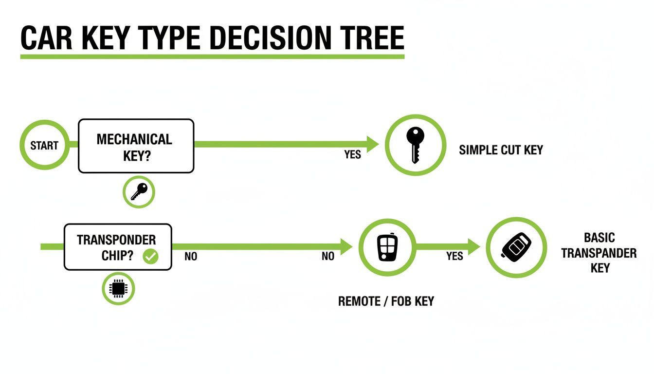 A car key type decision tree flowchart explaining mechanical, transponder, remote/fob, and basic transponder keys.
