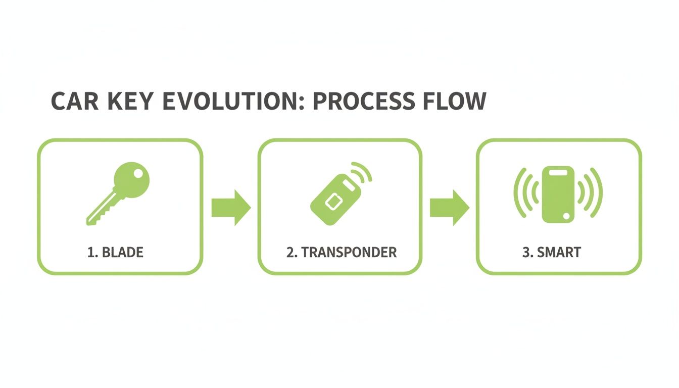 A process flow diagram illustrating the evolution of car keys: 1. Blade, 2. Transponder, 3. Smart.