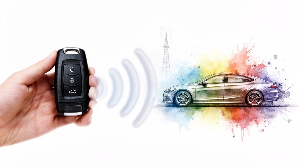 A hand holds a car key fob transmitting signals to a modern car with colorful watercolor effects.