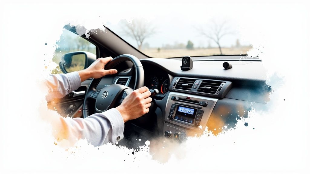 A person's hands on a car steering wheel with dashboard and road visible outside.