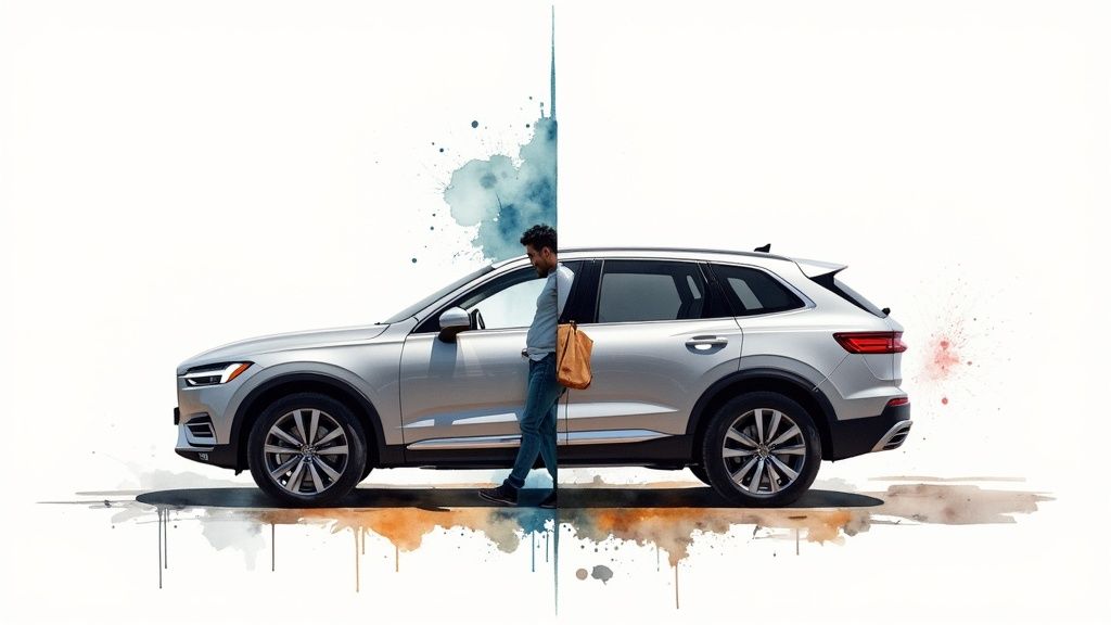 A stylish silver SUV with a man standing beside it against a watercolor background.