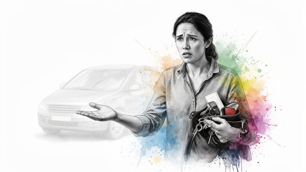 A distressed woman searches her bag, gesturing emptily, with a car in the background, suggesting lost keys.