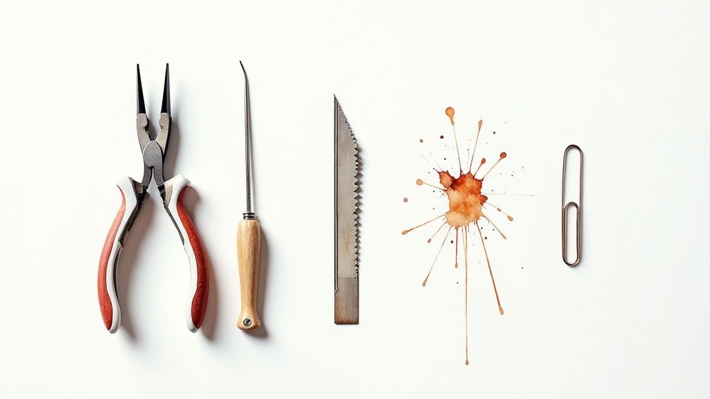Flat lay of metal tools including pliers, awl, serrated knife, paperclip, and an ink splash.