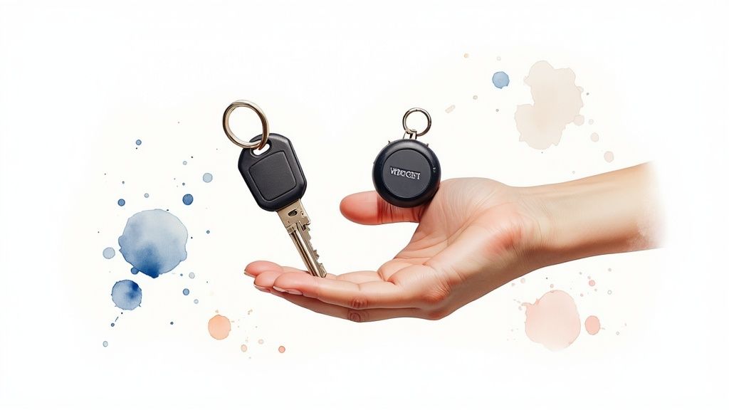 A hand holds a car key and a round black keyfob against a white background with colorful splatters.