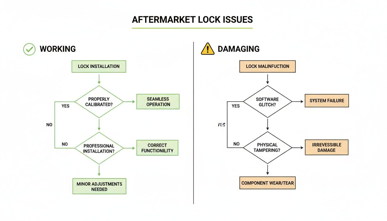 Flowchart diagram illustrating aftermarket lock installation and potential issues, detailing working functionality versus damaging malfunctions.