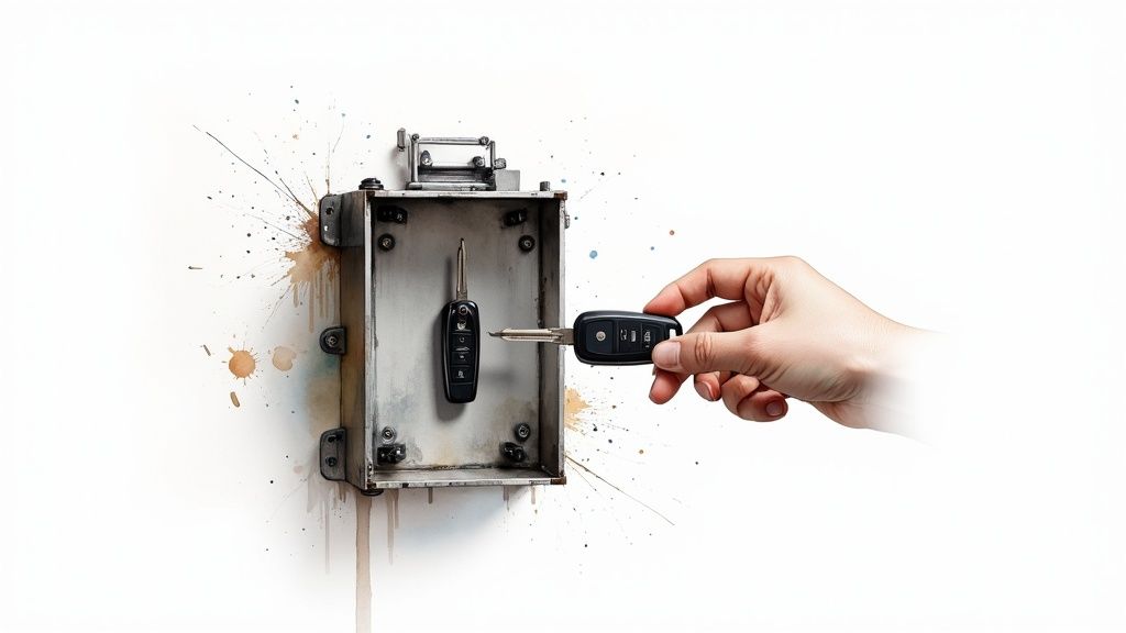 A black Faraday box for car keys, with a key fob placed inside it.