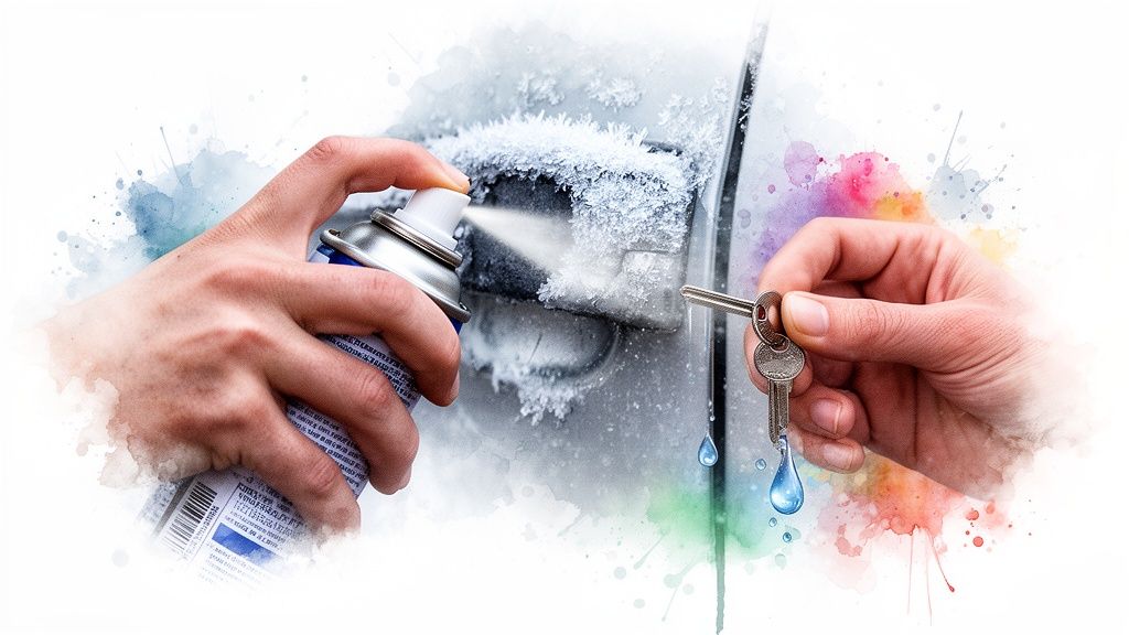 Hands spraying de-icer on a frozen car door handle while holding car keys.