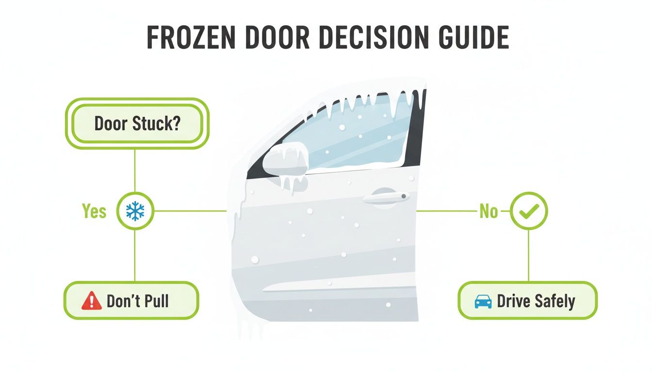 A flowchart guide explaining what to do if your car door is frozen, advising not to pull.