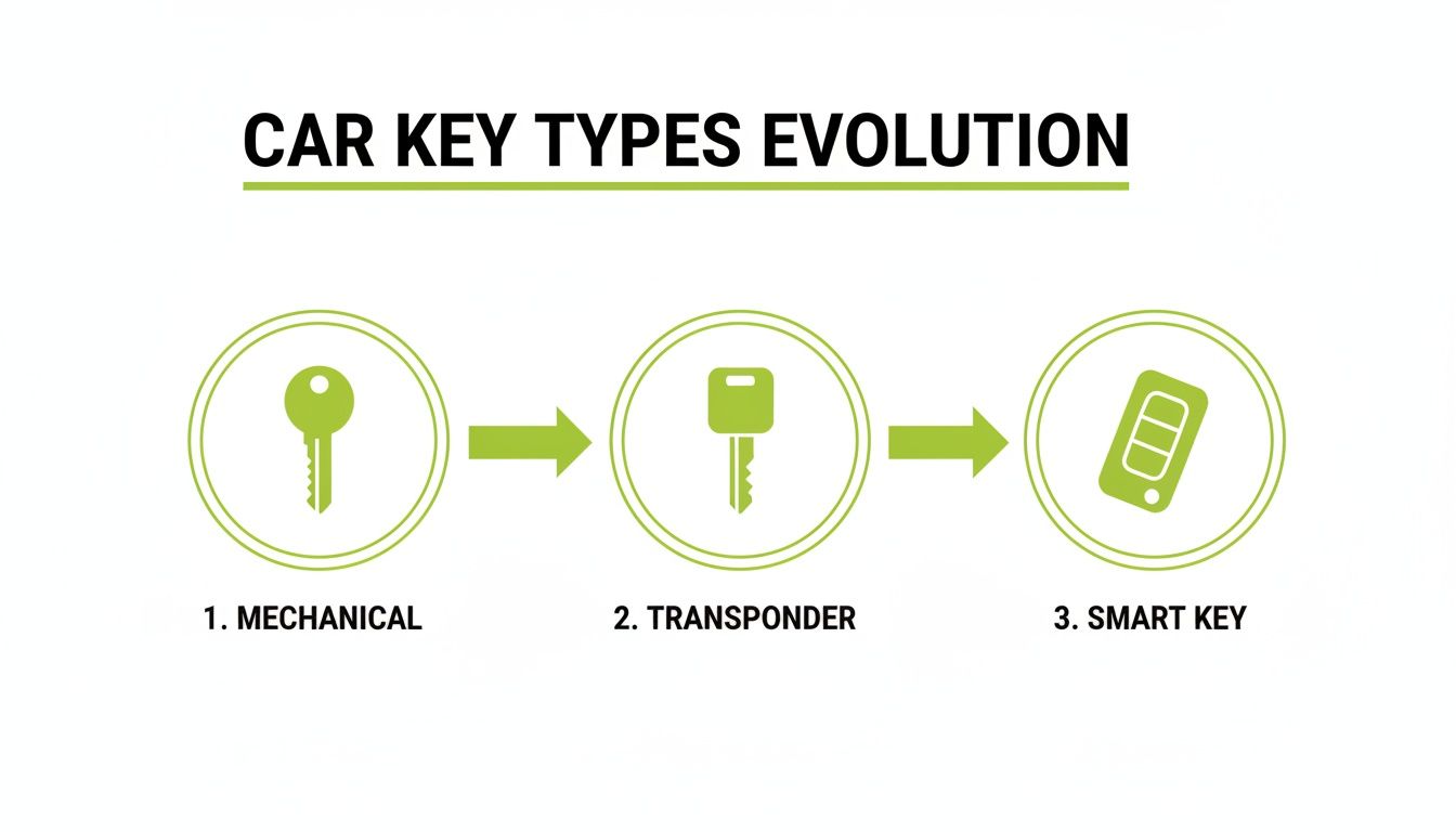 An infographic showing the evolution of car key types: mechanical, transponder, and smart keys.