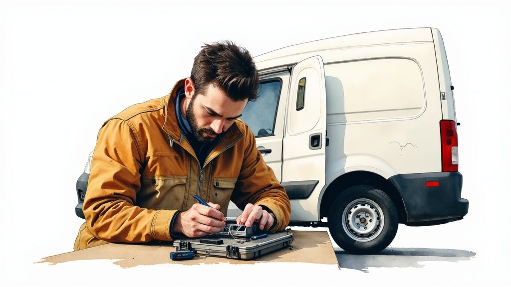 A male technician with a beard works on a device on a case, with a white delivery van in the background.