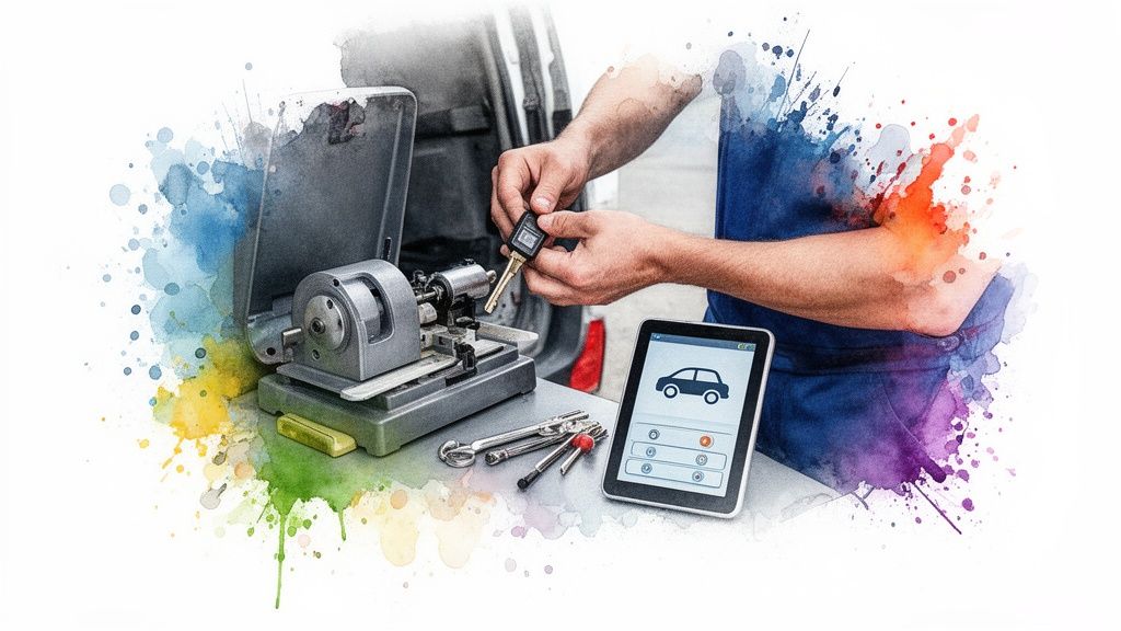 A person duplicating a car key using a key cutting machine, with a tablet showing key programming options.