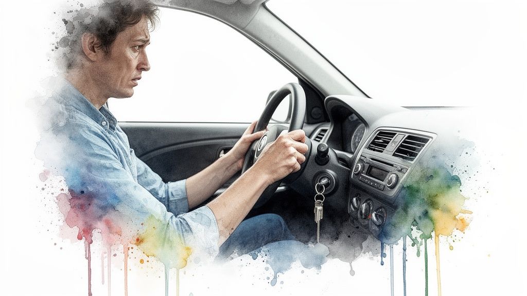 A worried man in a car, gripping the steering wheel, depicted with a watercolor effect.